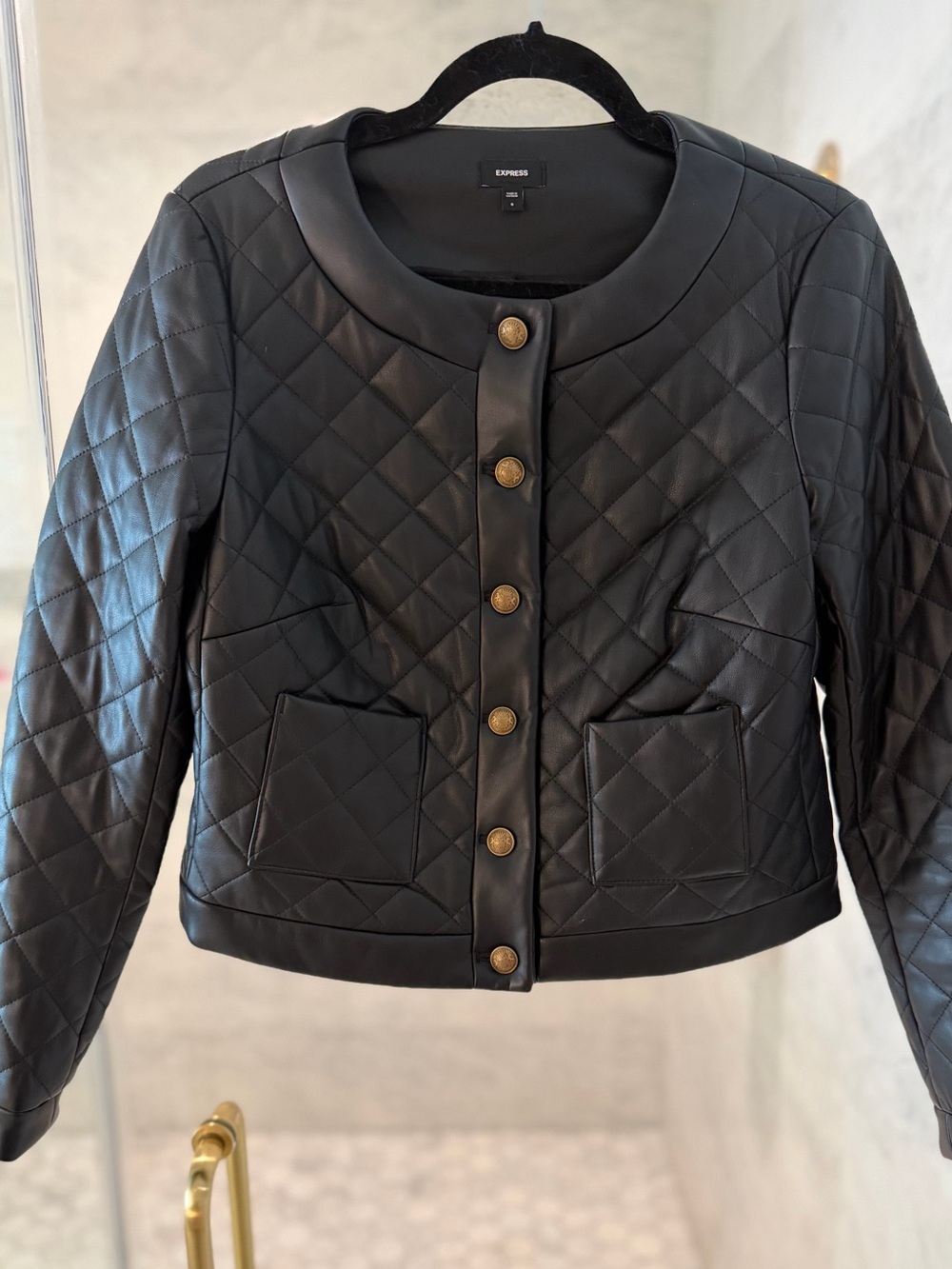Quilted Black Faux-Leather Jacket with Gold Buttons Jacket